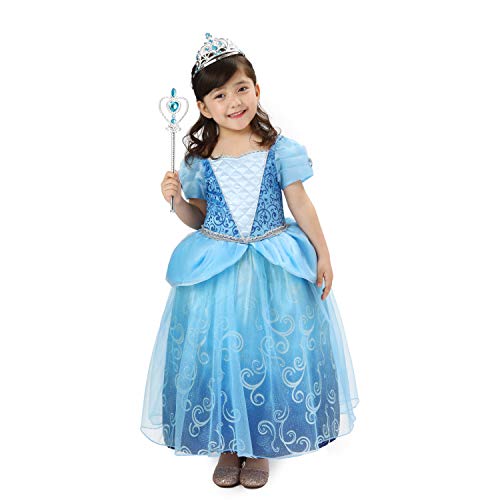 Disfraz de Cenicienta para niñas de Lujo Inspirado en Princesas para Halloween, Fiesta de cumpleaños, con Corona y Tiara 9-10 años