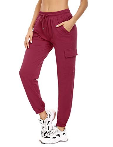 Doaraha Pantalones Deportivos Mujer Algodón Pantalón de Chándal Largo Elásticos Transpirables con Bolsillos Laterales para Deporte Gimnasio Fitness Correr (Rojo, 2XL)