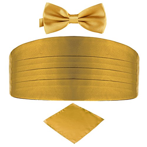 DonDon Set de tres piezas Caballero Faja de esmoquin Pajarita Pañuelo de bolsillo Color a juego Espléndido para ceremonias y ocasiones especiales - Dorado Oro