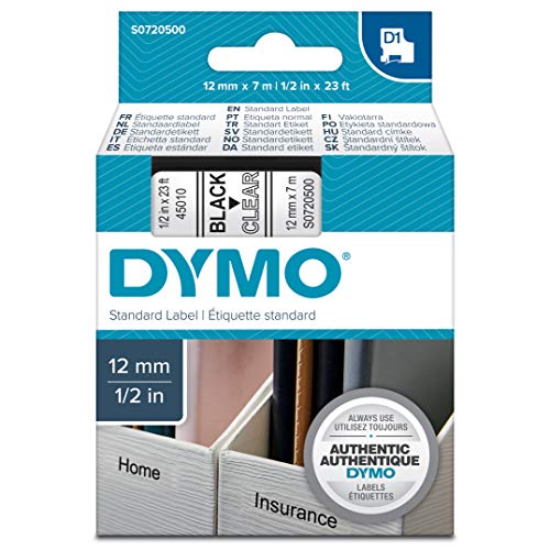 DYMO D1 - Etiquetas Auténticas, Impresión Negra sobre Fondo Transparente, 12 mm × 7 m, Autoadhesivas para Impresoras de Etiquetas LabelManager