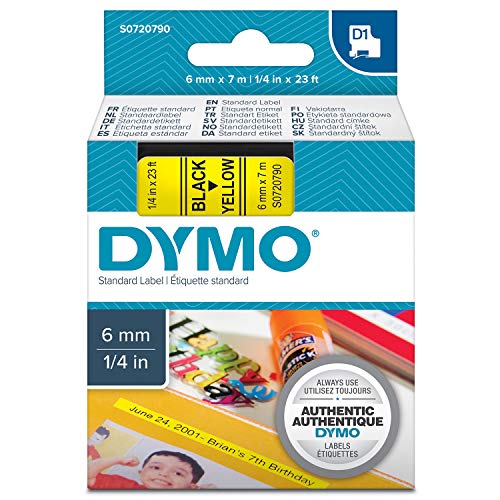 Dymo D1 Standard, Cintas para Impresoras de Etiquetas, 6 mm x 7 m, Negro sobre Amarillo, Estándar Pack