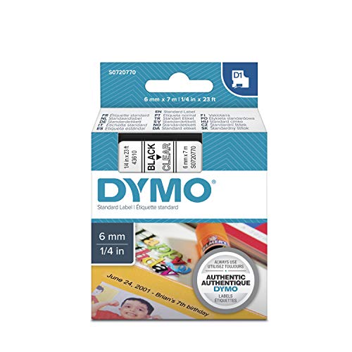 Dymo D1 Standard, Cintas para Impresoras de Etiquetas, 6 mm x 7 m, Negro sobre Transparente, Estándar Pack