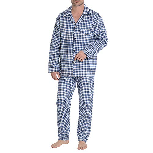 El Búho Nocturno The Gentlemen's Choice Pijama Premium de Caballero Pijama de Hombre de Manga Larga Especial Invierno a Cuadros Viyela, 60% alg. 40% Tencel Talla L Azul eléctrico