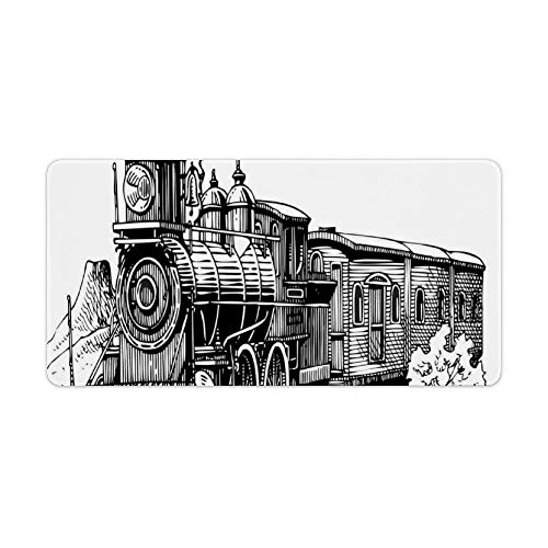 Extended Gaming Mouse Pad with Stitched Edges Large Keyboard Mat Non-Slip Rubber Base Rustic Old Train in Country Locomotive Wooden Wagons Rail Road with Smoke Desk Pad for Gamer Office 12x24 Inch