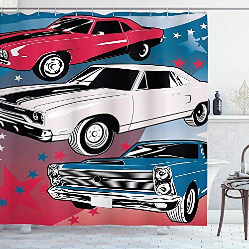 FANCYDAY Colección Cars Decor, Pop Art Stylized Group of Nostalgic American Muscle Cars con Estrellas Steam Antique Print, Rojo Beige Azul