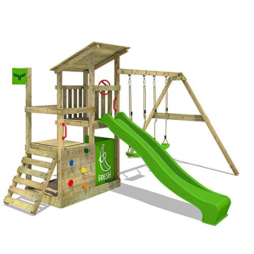 FATMOOSE Parque infantil de madera FruityForest con columpio y tobogán, Torre de escalada de exterior con arenero y escalera para niños