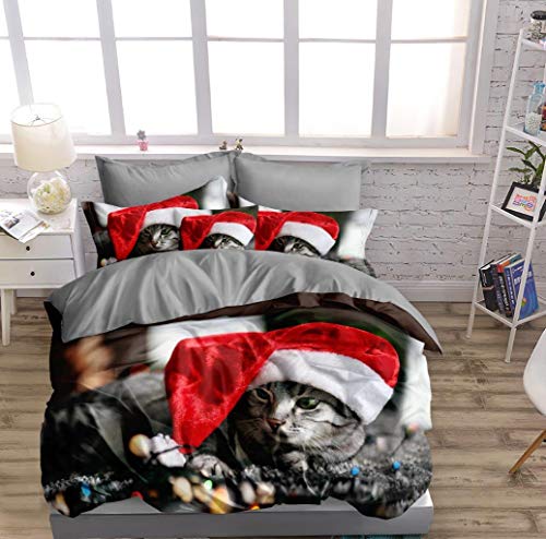 FEBE Juego de cama 3D con diseño de gato y Navidad, funda nórdica de 200 x 200 cm y 80 x 80 cm, gorro de Navidad, doble cara, color rojo y blanco con cierre