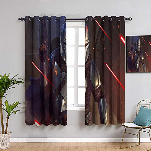 Ficldxc Cortina de ventana negra de Star Wars con 2 paneles, cortinas de 160 cm de largo y mandalorian, fácil de instalar, decoración de habitación de niño de 55 x 63 pulgadas