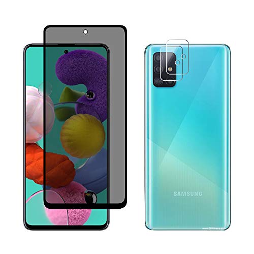 FiiMoo Protector de Pantalla Privacidad Compatible con Samsung Galaxy A51+2 Piezas Protector de Lente de Cámara, Anti Espía Cristal Templado [Cobertura Completa] Vidrio Templado para Galaxy A51