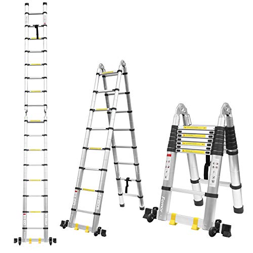 FIXKIT 5M(2,5M+2,5m) Escalera Plegable Aluminio, Escalera Telescópica, Escalera Alta Multifuncional Portátil para Loft,16 Escalones Antideslizantes y Ruedas en Parte Inferior, 150kg FIXKIT 5M(2,5M+2,5m) Escalera Plegable Aluminio, Escalera Telescópica, Escalera Alta Multifuncional Portátil para Loft,16 Escalones Antideslizantes y Ruedas en Parte Inferior, 150kg