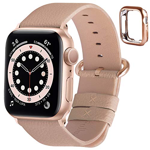 Fullmosa Correa de Apple Watch, 38 mm 40 mm 42 mm 44 mm Correa Compatible con iWatch, Correa de Cuero, Compatible con Apple Watch SE y Serie 6 5 4 3 2 1, Camel + Hebilla de Oro Rosa, 42mm/44mm