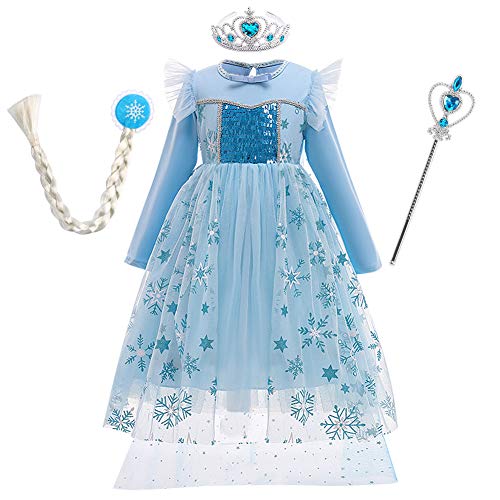 FYMNSI Disfraz de princesa Elsa de Frozen, vestido de princesa con accesorios, para Navidad, Halloween, carnaval, cosplay, para 2 – 10 años Azul 03 6-7 Años