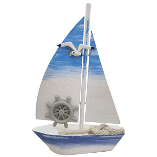 Garneck Mini decoración náutica barco de vela modelo barco de vela de madera con timón pájaros marinos hada jardín decoración mini paisaje