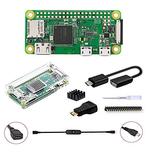 GeeekPi Raspberry Pi ZERO W Kit básico , caja acrílica Raspberry Pi Zero de 20 pines GPIO, cable OTG, cable de interruptor, adaptador HDMI, disipador de calor y destornillador (transparente)