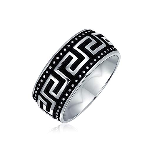 Geométrico antiguo traste griego clave patrón plano anillo de boda para hombres mujeres negro plata de dos tonos acero inoxidable 8MM