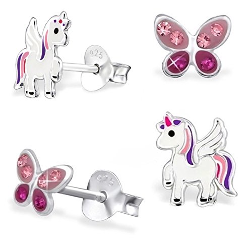 GH* Kids 2 pares de pendientes mini de cristal mariposa + Pegaso unicornio de plata de ley 925 para niñas