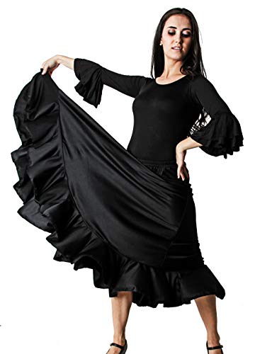 Gojoy shop- Traje Profesional de Baile Danza Flamenco o Sevillanas para Mujer de 2 Piezas (Contiene Body con Doble Volantes en Manga y Falda con Un Volante Liso (XL, Negro)