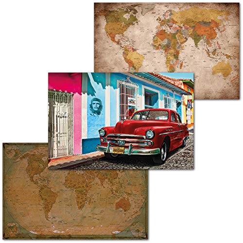 GREAT ART Juego de 3 Carteles XXL – Juego Retro Cubano – Aspecto Retro y Vintage Mapa del Mundo Cuba Che Guevara Street View Mural de Pared Interior Póster Cada uno 140 x 100 cm