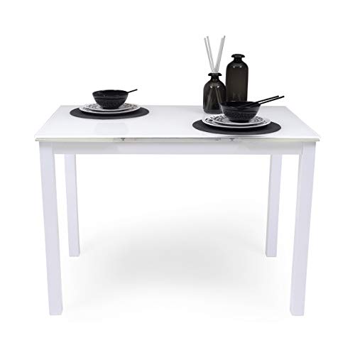 Homely Mesa de Cocina Extensible Paris Total White sobre de Cristal y Estructura en Metal 110/170x70cm (Blanco Total)