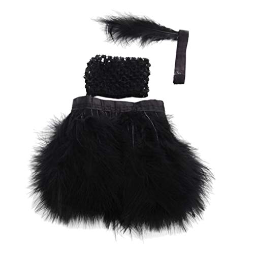 Homyl 3pcs Mini Vestido de Disfraces Crop Top Falda Corta con Plumas Banda de Pelo Vintage para Muñecas Americanas de 18 Pulgadas - Negro