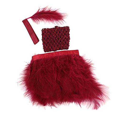 Homyl 3pcs Mini Vestido de Disfraces Crop Top Falda Corta con Plumas Banda de Pelo Vintage para Muñecas Americanas de 18 Pulgadas - Vino Rojo