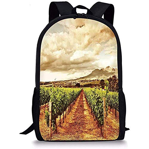 Hui-Shop Mochilas Escolares Decoración de la casa de la Granja, Nubes del Valle de la UVA sobre viñedo Plantación de Frutas Naturales en el Tema del jardín de otoño, Verde marrón