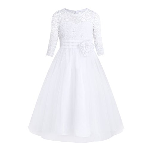 IEFIEL Vestido Elegante de Princesa Media Manga Encaje Floreado para Niña Vestido de Fiesta Vestido de Bautizo Vestido de Gasa de Dama de Honor Blanco 14 años