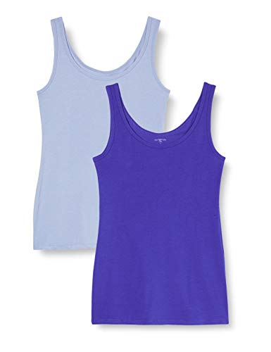 IRIS & LILLY Camiseta de Tirantes de Algodón para Mujer, Pack de 2, 1 x Azul Vaquero & 1 x Azul Brillante, Medium