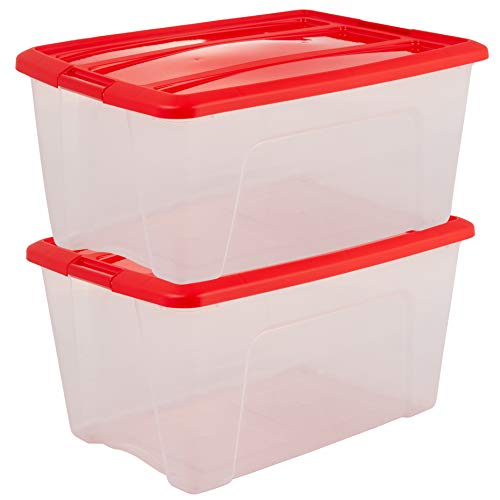 Iris Ohyama New Top Box NTB-45 edition X-Mas - lote de 2 cajas apilables de almacenamiento, Transparente/Roja, 45 L