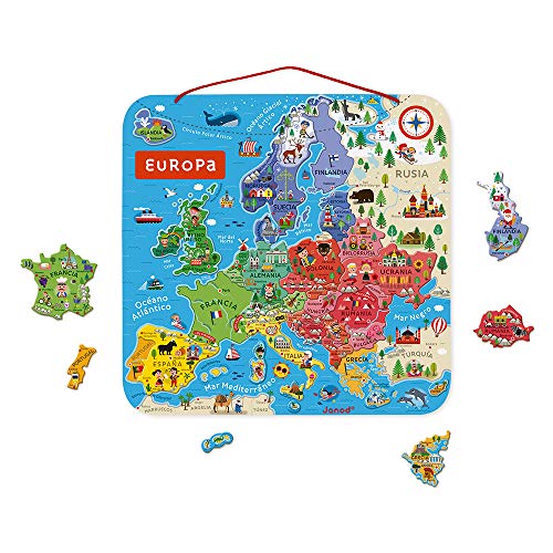 Janod- Puzle Mapa de Europa magnético de madera-40 Piezas imantadas-45 x 45 cm-Versión en español-Juego Educativo a Partir de 7 años (JURATOYS J05474)