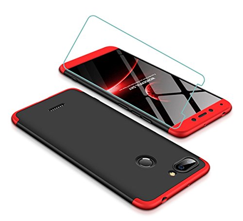 JOYTAG Carcasa ultrafina para Xiaomi Redmi 5 Plus, 360 grados, color rojo y negro mate, protección todo incluido 3 en 1, incluye film de vidrio templado