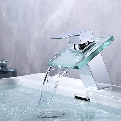 KAIBOR Grifo de Lavabo Cascada vidrio Grifos de bañera Válvula De Cerámica, Agua Fria y Caliente Disponible, Grifo Baño de Latón con Estilo de Moderno de ducha