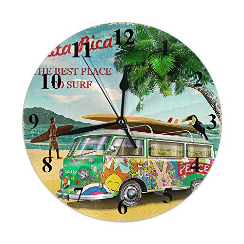 Kinhevao Reloj de autobús de Playa Costa Rica Sea Parrot Tabla de Surf Arena Palmera Reloj de Pared Redondo Slient Non Ticking Decoración rústica para el hogar 10 Pulgadas para Cocina Baño Oficina