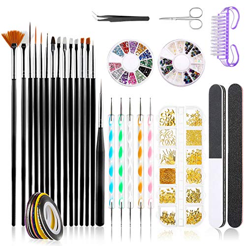 Kit de Accesorios Decoración Uñas Nail Art, GuKKK 39 Pcs Suministros de Uñas con Juego, 15 Pinceles para Uñas, Lápiz de Punto, Cintas Adhesivas Uñas, Uñas de Estrás, Kit de Herramientas para Manicura