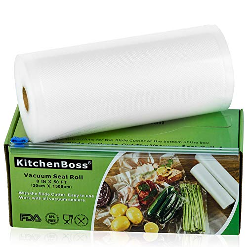 KitchenBoss Bolsas de Vacío 1 Rolls 20x1500cm con Caja de Corte (No Más Tijeras) para Almacenaje de Alimentos,Sous Vide Cocina, BPA Free