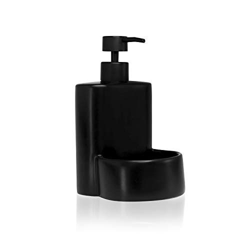 Kook Time Dispensador de Jabón Líquido de Cerámica Mate para Cocina con Hueco para Estropajo, 10 x 11.5 x 8 cm. (Negro)