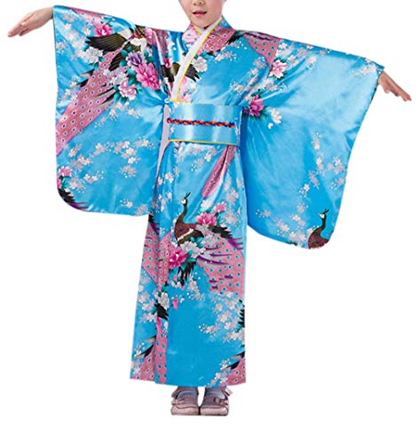 KRUIHAN Niños Yukata Vendimia Estilo Japones - Niña Kimono Tradicional Ropa Seda Tela Túnica Desgaste Boda Partido Actuación Vestido Azul 130CM