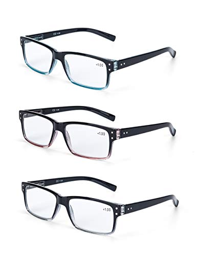 LANLANG Pack de 3 gafas de lectura 2.0 para hombre, lente transparente de 3 colores, incluyendo 0-3.5 dioptrías L-L007