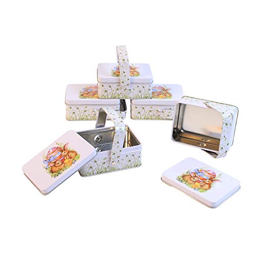 Lata con tapa y asa, cesta de chapa con diseño de Pascua, aprox. 10,4 x 7,5 x 4 cm, 5 unidades, caja de galletas, huevo de Pascua con conejito