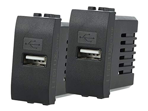 LEDLUX 2 módulos compatibles Bticino Living Light cargador USB 5 V 2,1 A carga rápida para caja 503 504 505 de 1 plaza (negro)
