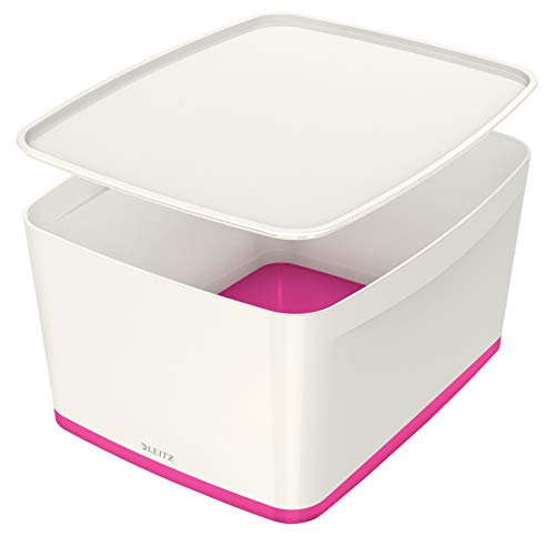 Leitz MyBox Grande con tapa, Caja de almacenaje para casa o la oficina, 18 litros, A4, Blanco/Rosa metalizado, Plástico brillante, 52161023