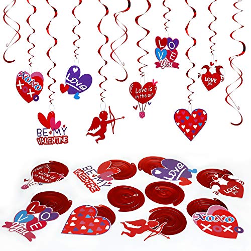 LEMESO 30 piezas Día de San Valentín Decoraciones Colgantes Decoraciones Corazón Rojo Guirnaldas Espiral Remolino Reflectante Colgar Ventana Techo Dormitorio Cena Fiesta de Bodas