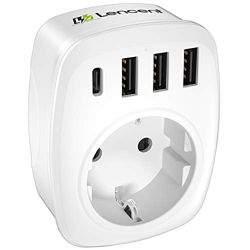 LENCENT Ladron Enchufes, Cargador USB de Pared con 1 Toma de CA (Schuko Europeo de 2 Pines) + 1 Puerto Tipo C + 3 Puertos USB, Adaptador Enchufe USB España para Smartphone Tableta [4000W]