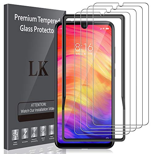 LK Compatible con Xiaomi Redmi Note 7 / Redmi Note 7 Pro Protector de Pantalla,4 Pack,9H Dureza Cristal Templado, Equipado con Marco de Posicionamiento,Vidrio Templado Screen Protector,LK-X-37