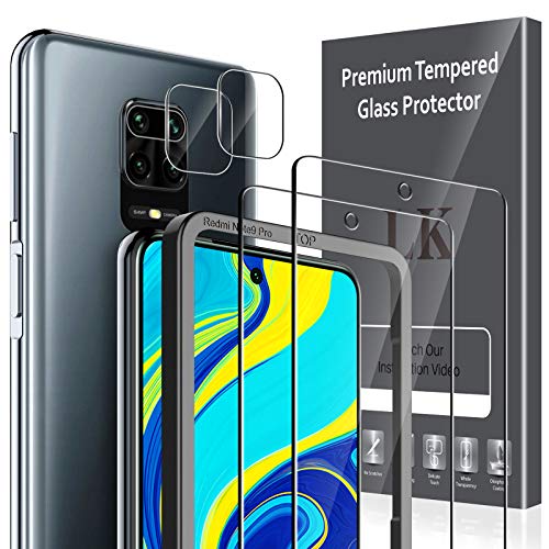 LK Compatible con Xiaomi Redmi Note 9 Pro Protector de Pantalla,2 Pack Cristal Templado y 2 Pack Protector de Lente de cámara, Doble protección, Kit de Instalación Incluido