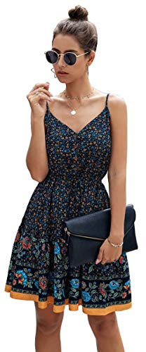Longwu Mini Vestido de Playa sin Espalda con Cuello en V y Estampado de Flores con Estampado de Flores de Boho para Mujer Azul Oscuro-S