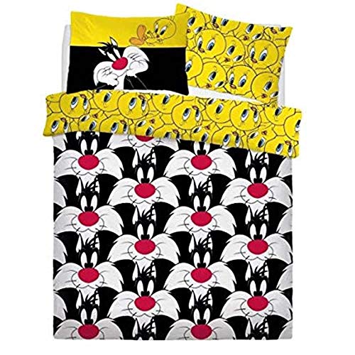Looney Tunes - Funda de Cama diseño Silvestre y Piolín diseño Infantil (Doble) (Negro/Amarillo) Looney Tunes - Funda de Cama diseño Silvestre y Piolín diseño Infantil (Doble) (Negro/Amarillo)