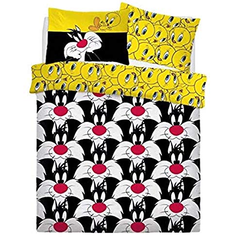 Looney Tunes - Funda de Cama diseño Silvestre y Piolín diseño Infantil (Doble) (Negro/Amarillo)