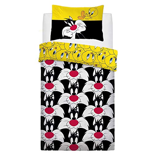 Looney Tunes - Funda de Cama diseño Silvestre y Piolín diseño Infantil (Individual) (Negro/Amarillo)