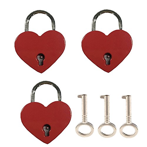 Lot de 3 cadenas vintage personnalisés en forme de cœur - Avec clé - Rose, violet et rouge - Taille M, rouge